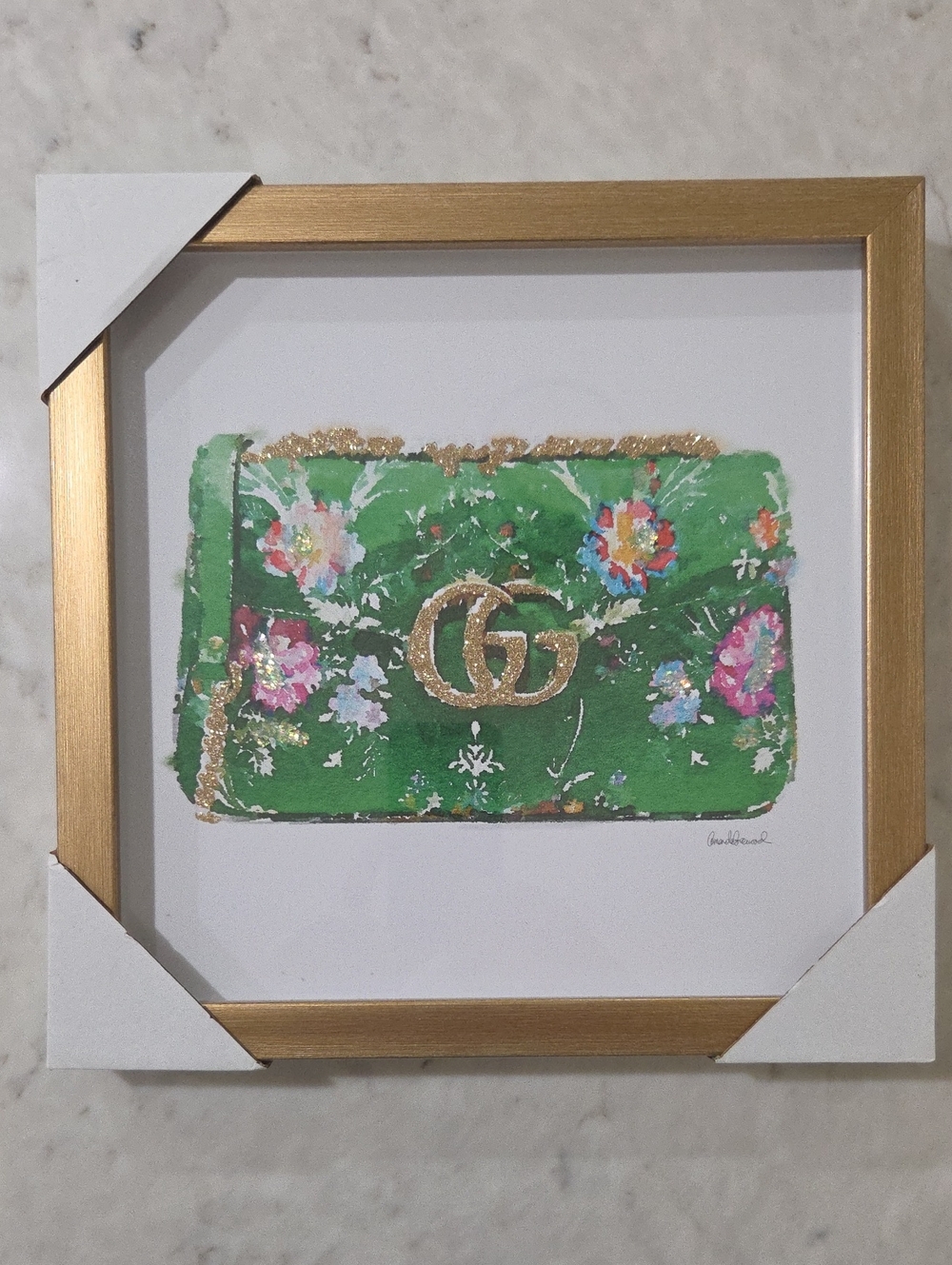 12 X 12 Gucci Purse Framed Green Floral Handbag Art Print with Gold Accents